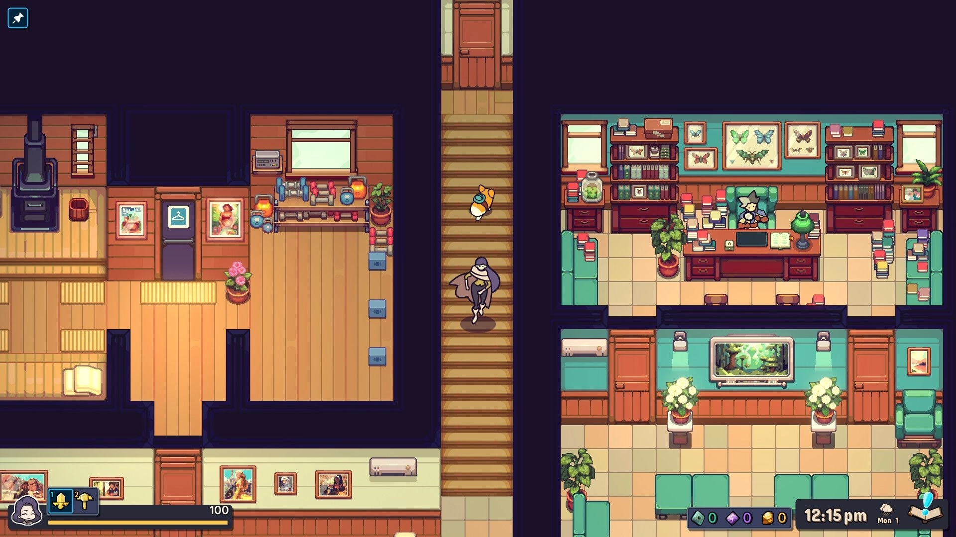 Nimbit Frontier: Character descends stairs with pet in cozy, decorated home featuring various rooms