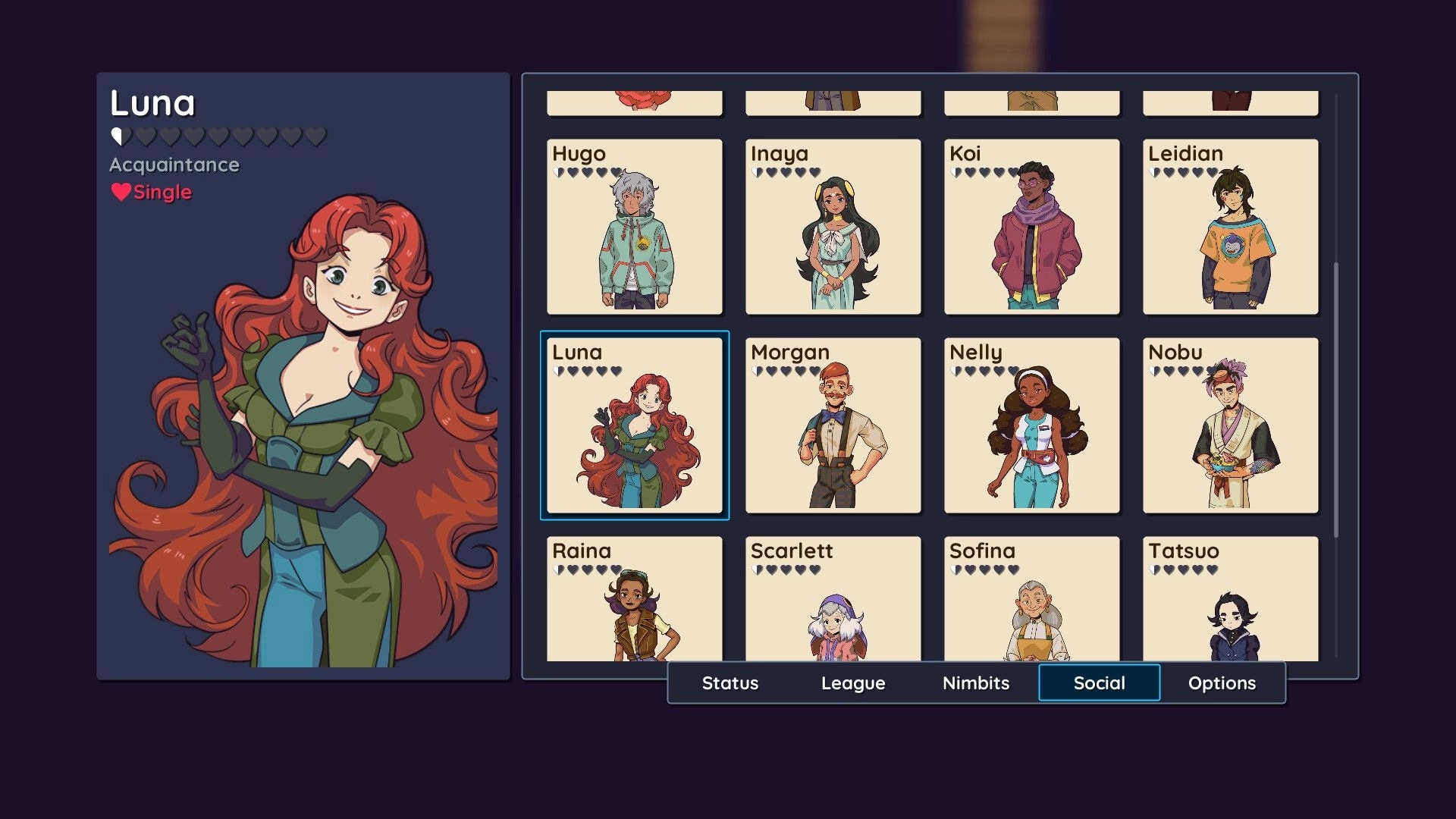 Nimbit Frontier: Character selection interface with Luna highlighted among various acquaintances