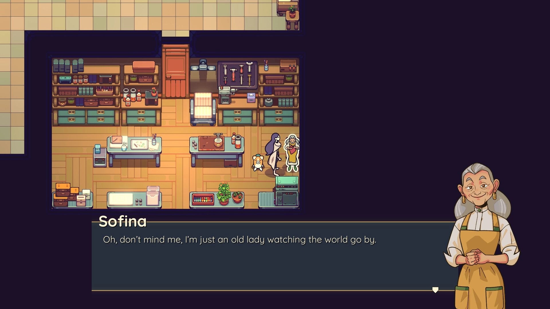 Nimbit Frontier: Sofina and player character in cozy workshop with tools and crafting stations.