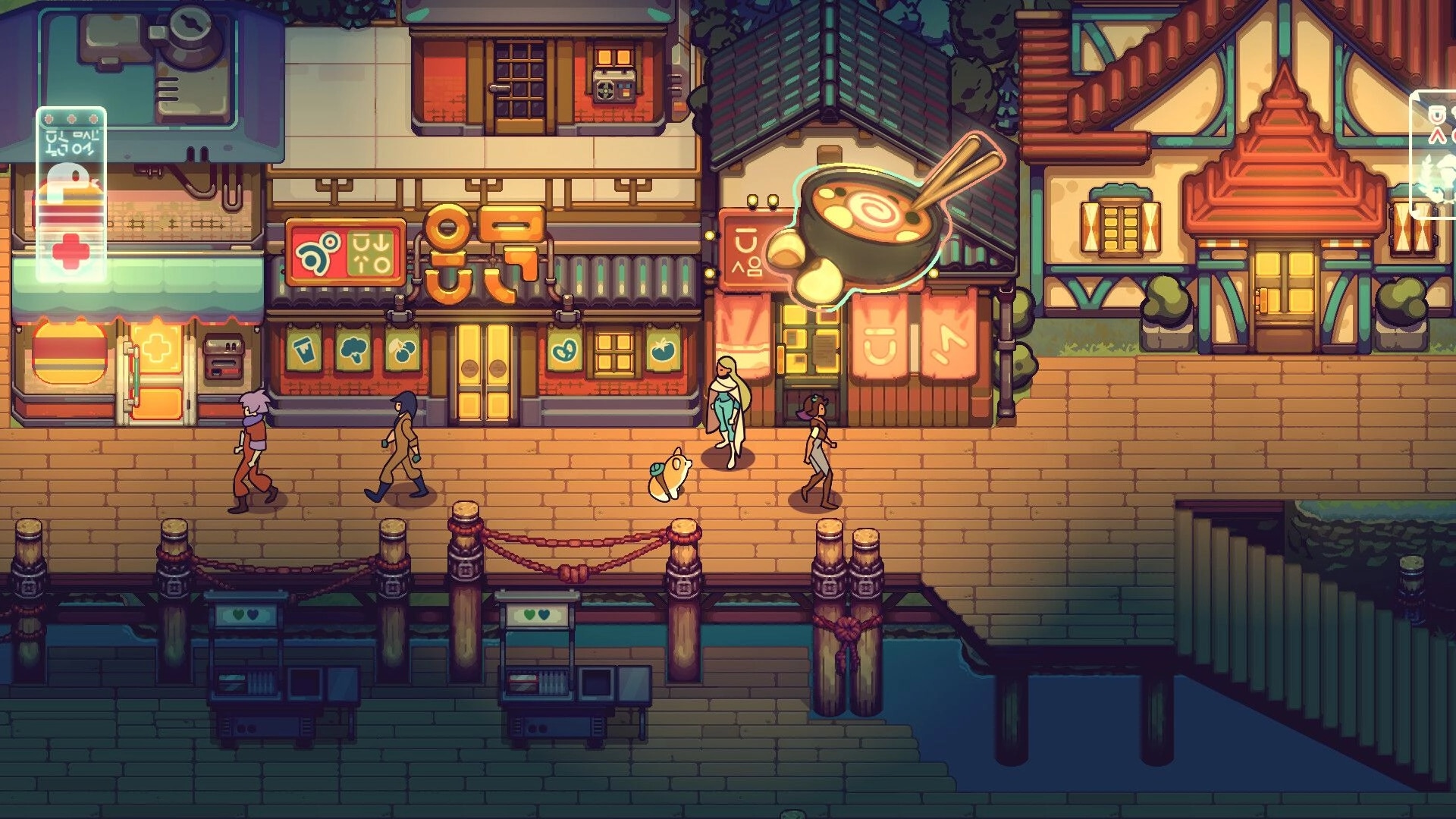 Nimbit Frontier: Characters walk along a bustling village street with shops and neon signs at night.