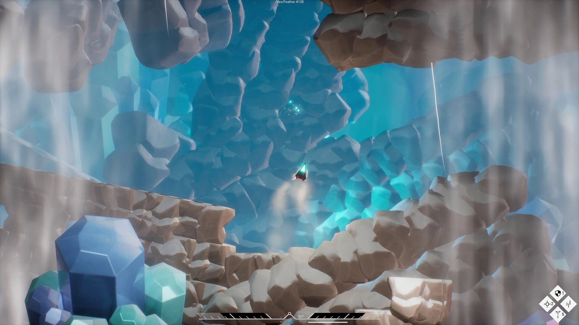 Nimillion: Rocket ship navigating through rocky cavern with crystal formations and HUD elements visible