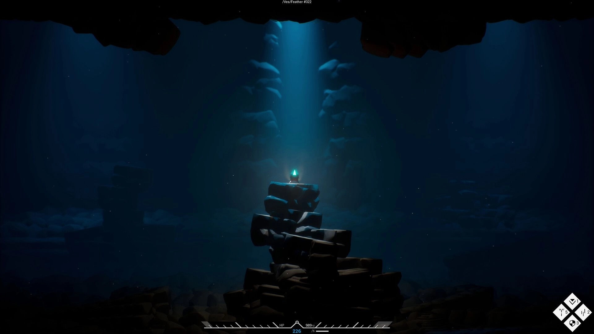 Nimillion: Light beams on a glowing crystal atop rock pile in a dark cave with UI elements visible
