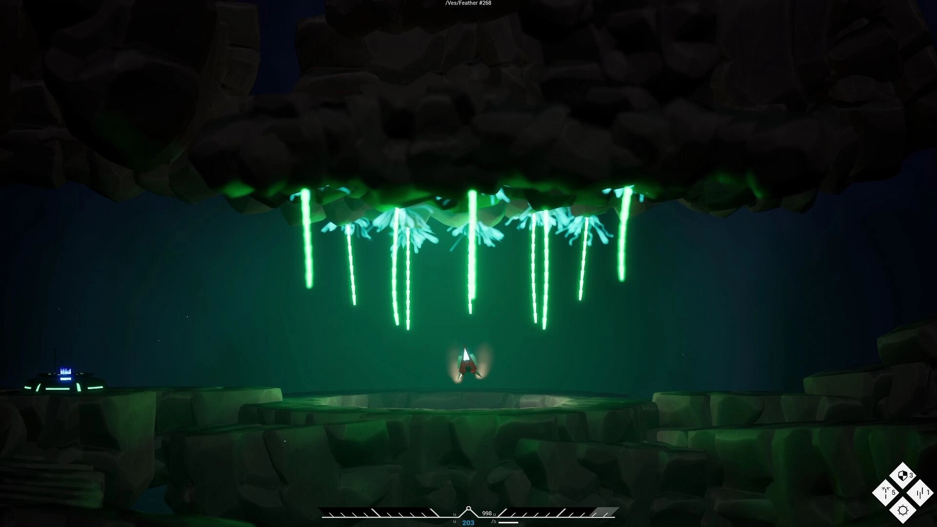 Nimillion: Rocket ship navigating through a cavern with glowing green stalactites above
