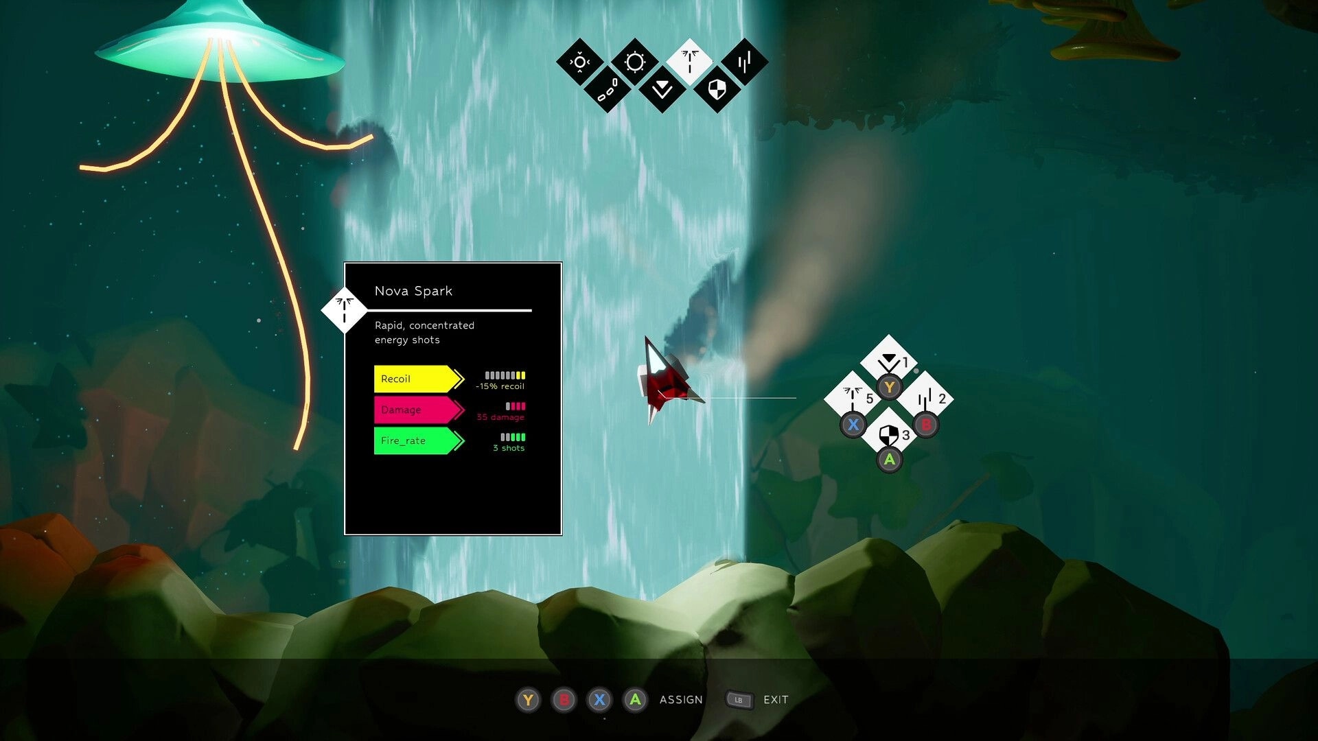 Nimillion: Rocket ship near waterfall with Nova Spark upgrade menu and UFO in lush environment