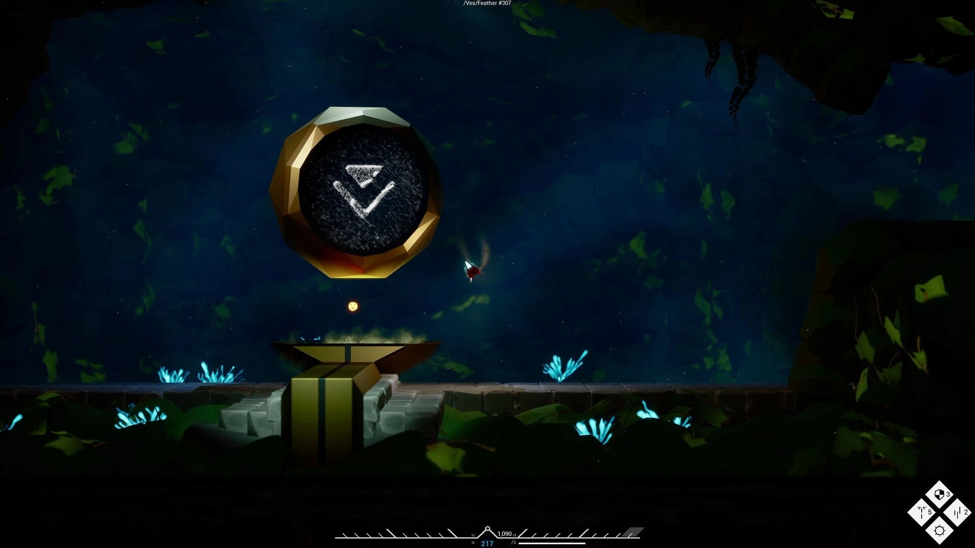 Nimillion: Thruster flight near glowing rune in an underground cavern with luminescent plants