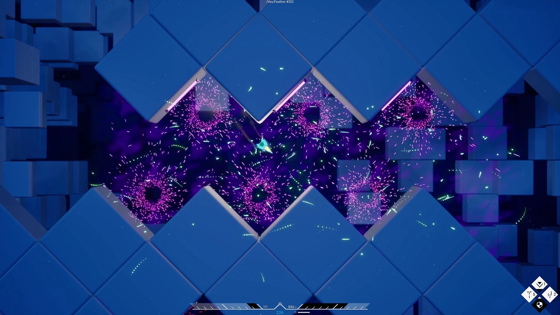 Nimillion: Rocket ship navigating through purple vortexes amidst blue cube-like structures