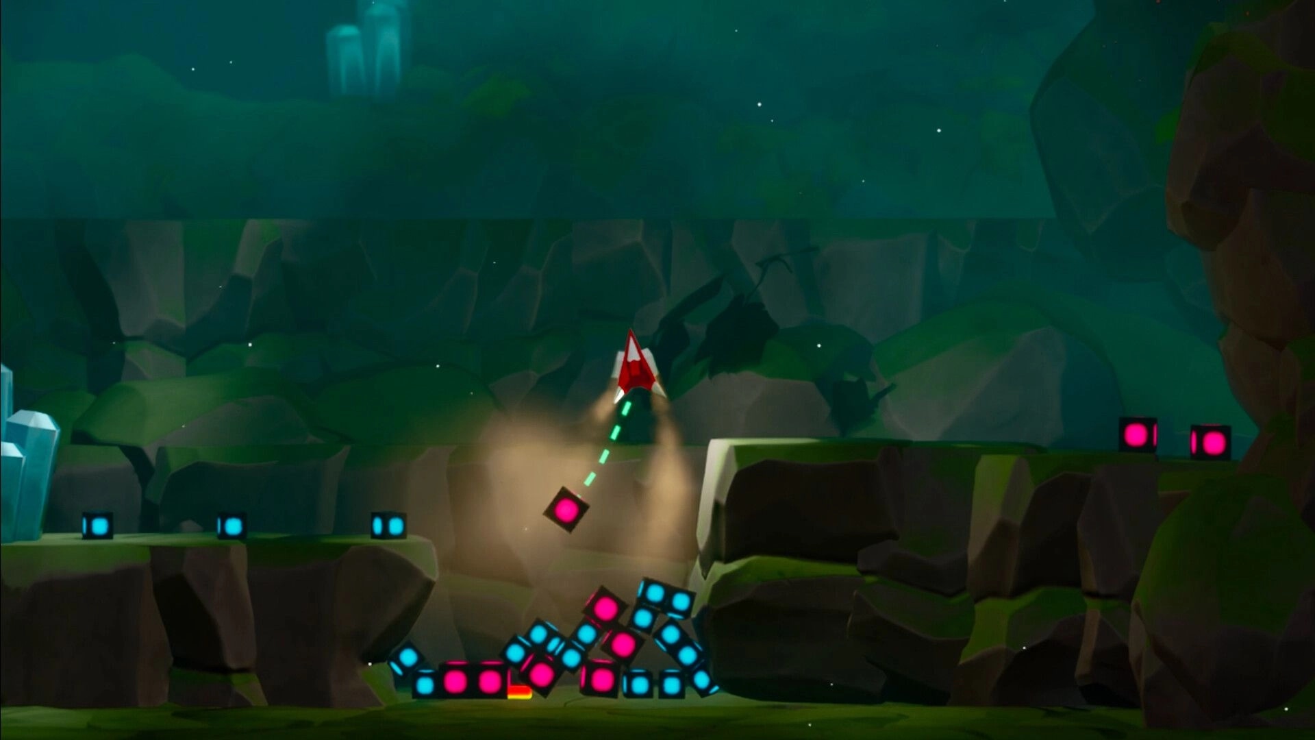Nimillion: Rocket ship navigating through rocky cave with colorful geometric blocks scattered below