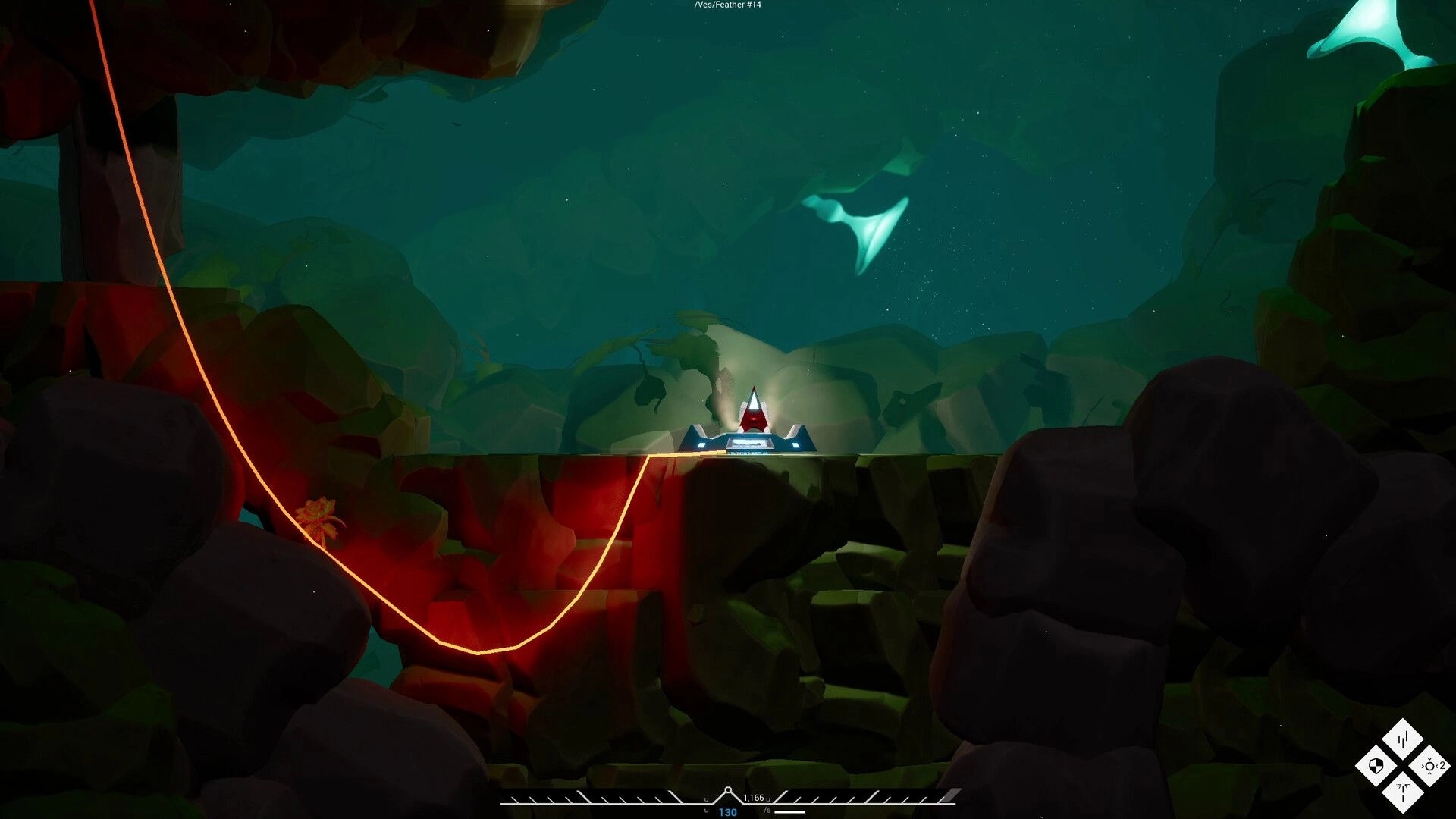 Nimillion: Rocket ship navigates rocky cave with glowing rope and interface displays in the corner