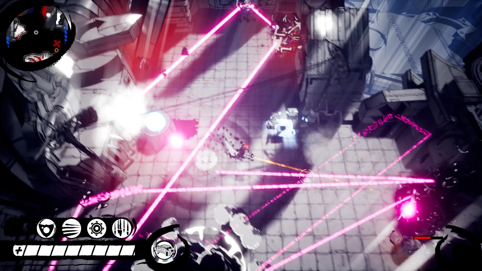 NINE ROUNDS RAPID: Player dodges pink laser beams in industrial environment with HUD at bottom screen.