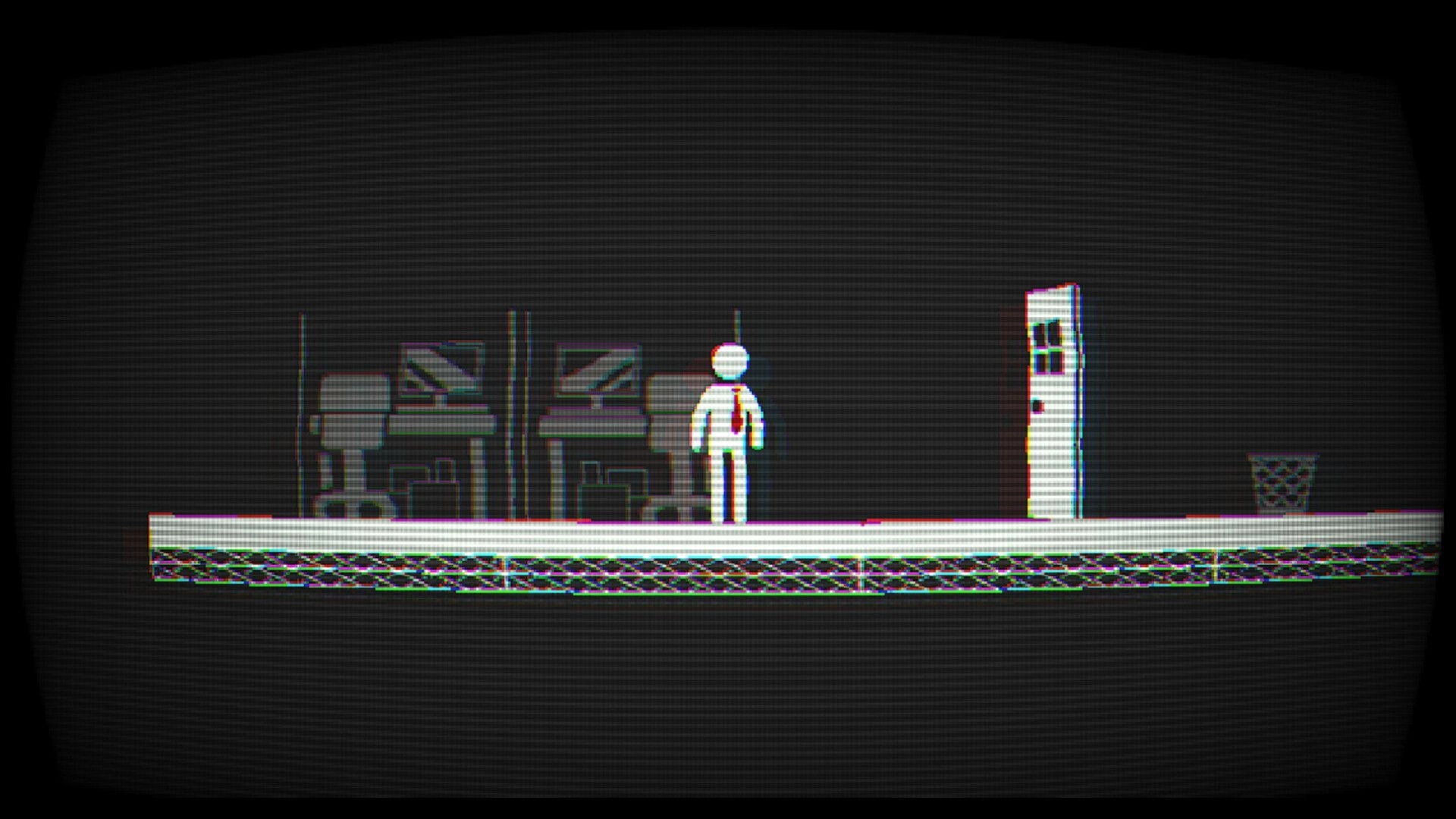 Nine to Never: White stick-figure worker stands by office desks and a door in a dark room.