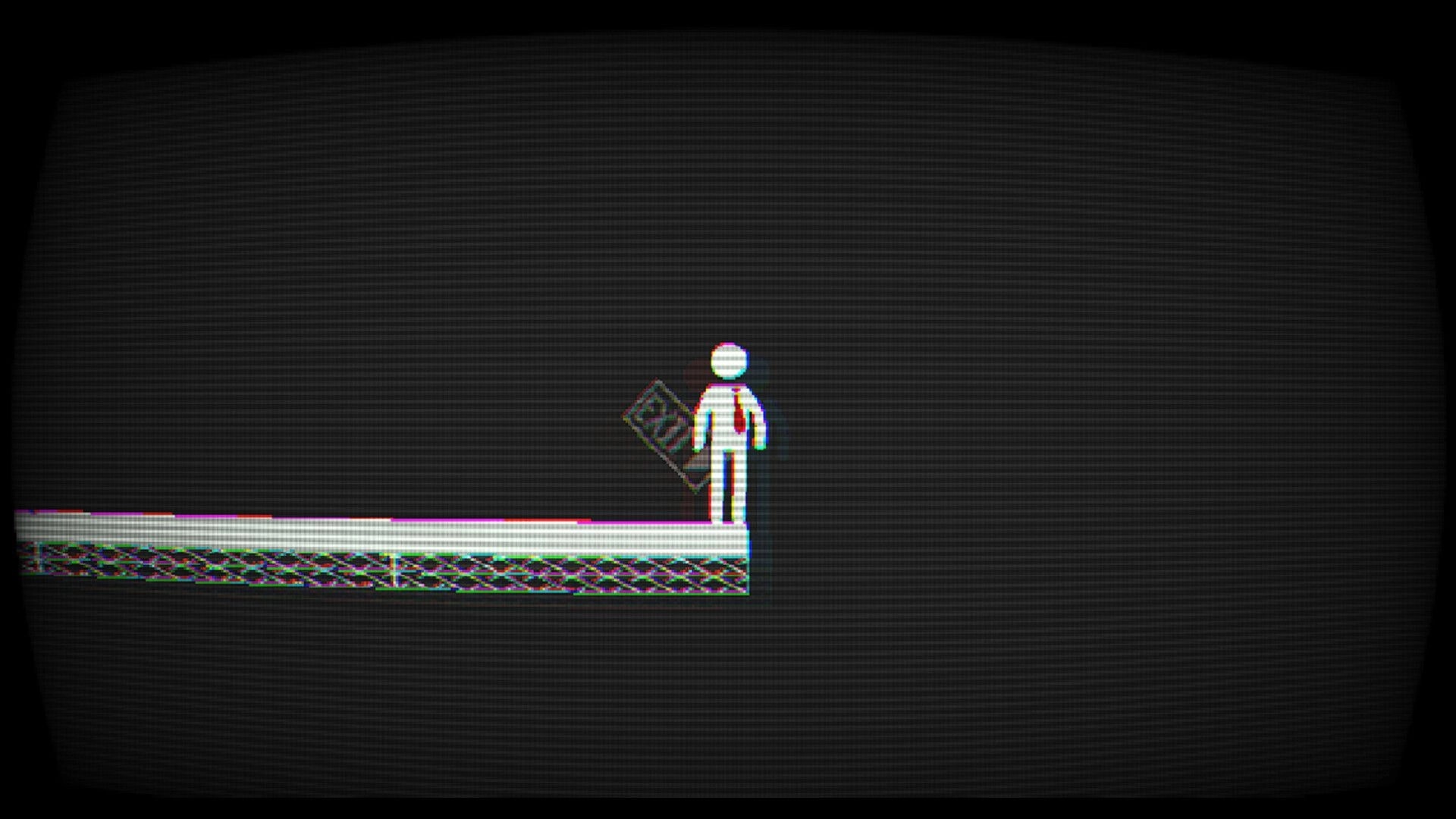 Nine to Never: Stick-figure worker stands on a platform in a dark CRT-style side-scrolling level.