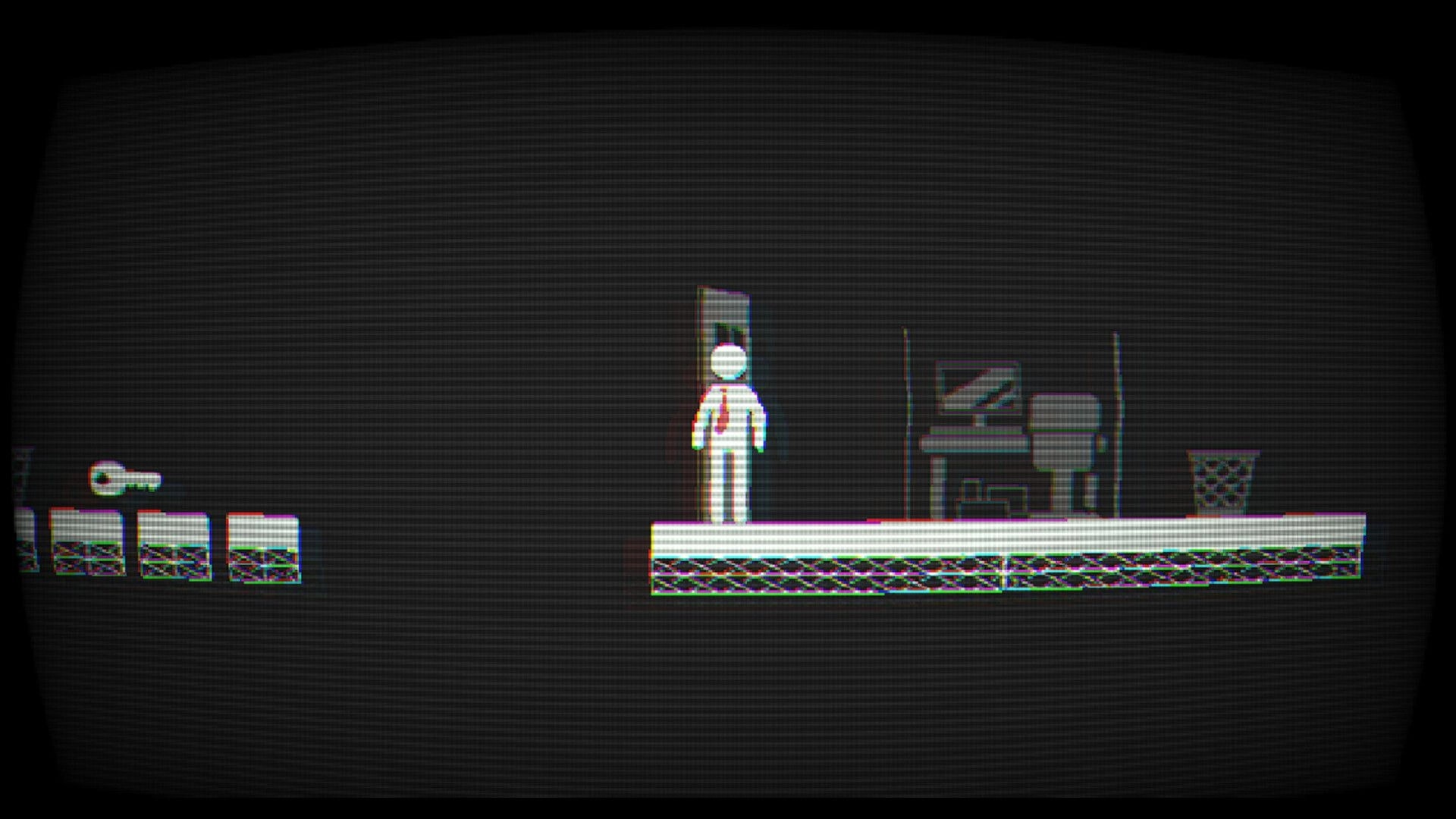 Nine to Never: Pixel worker stands by a door near desk and computer in a dark, glitchy office room.
