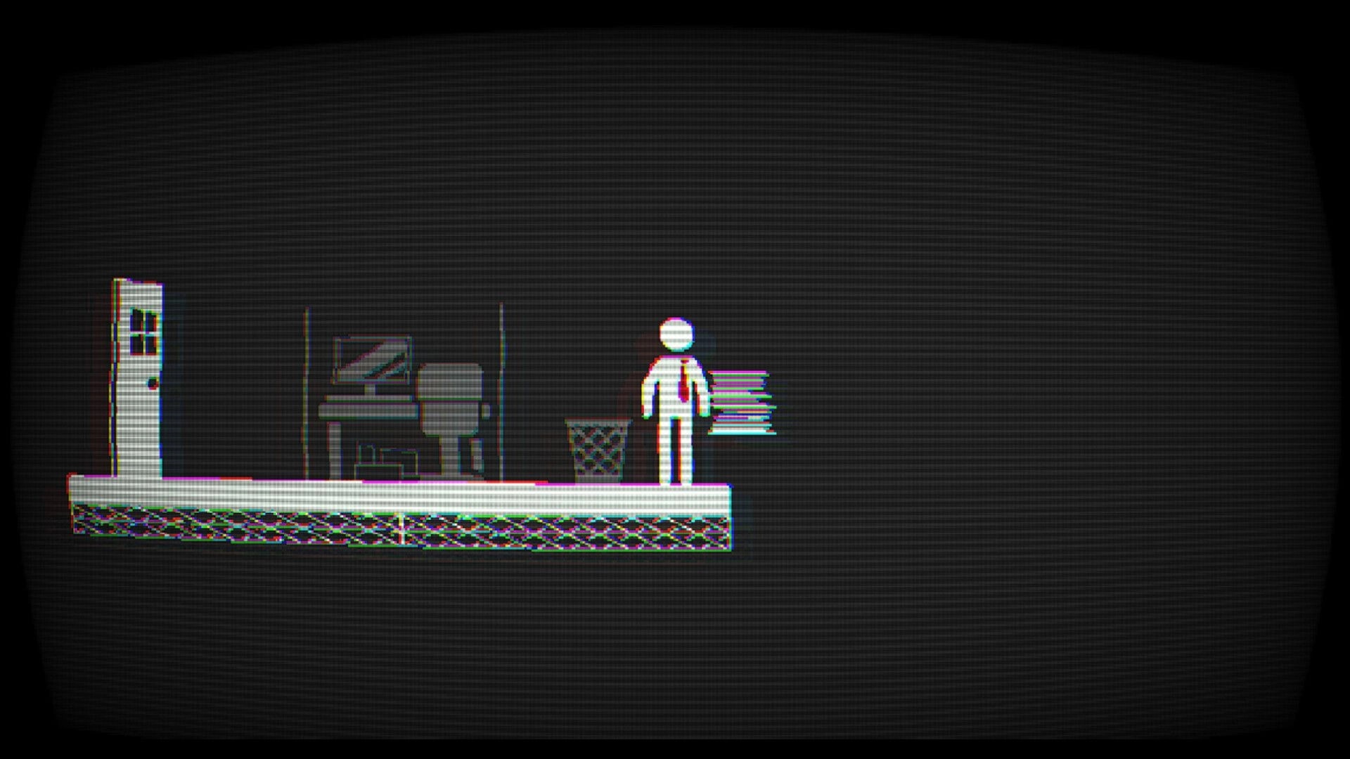 Nine to Never: Stick-figure office worker beside desk and monitor in dark room with CRT scanlines.