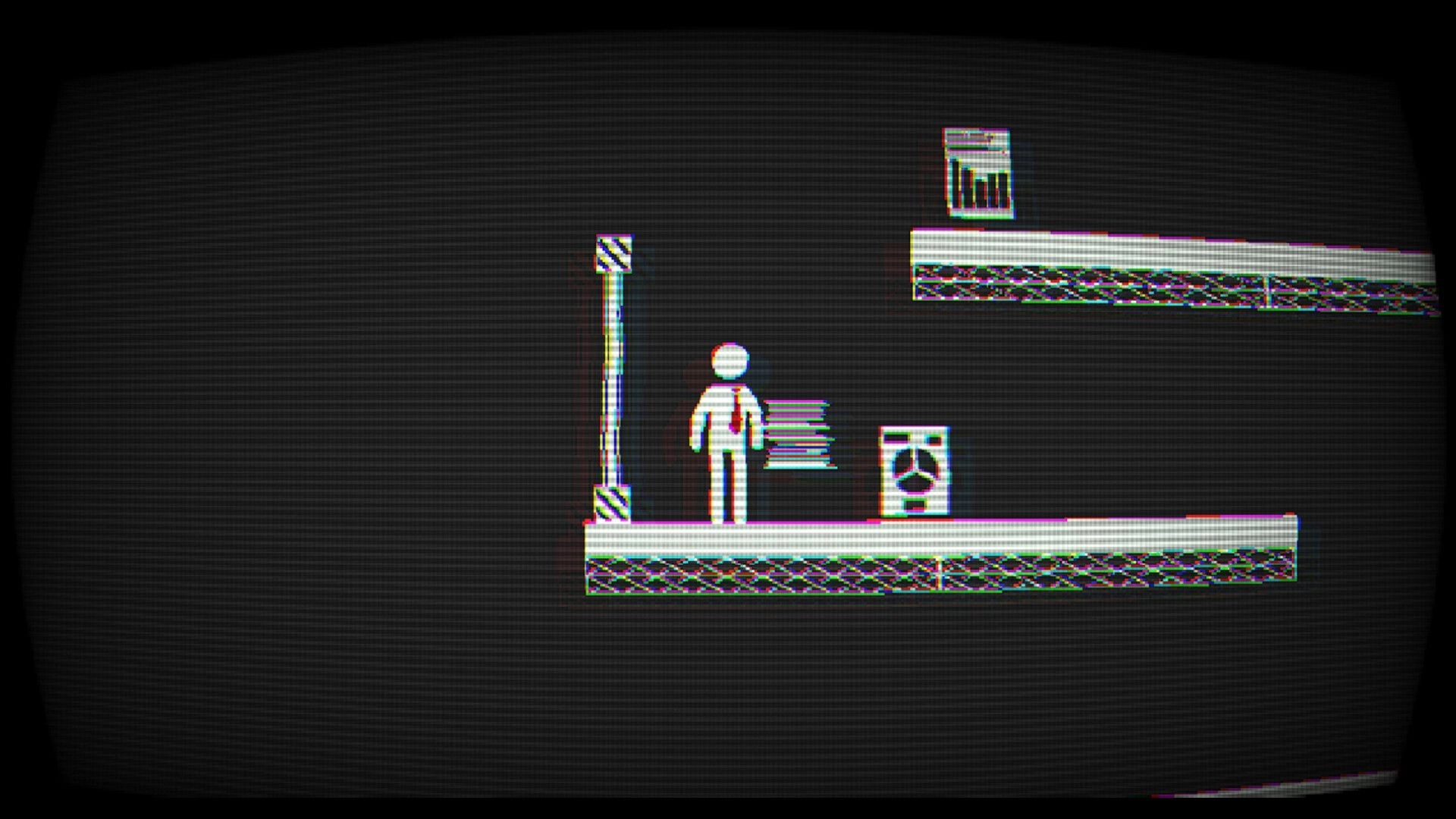 Nine to Never: Pixel office worker stands by an elevator and fan vent on a dark platform level.