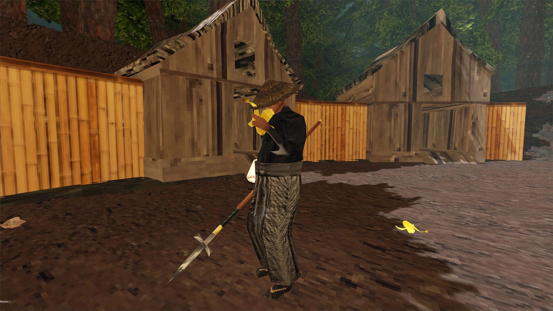 Ninja Game: Ninja holding banana in village setting with wooden houses and forest background