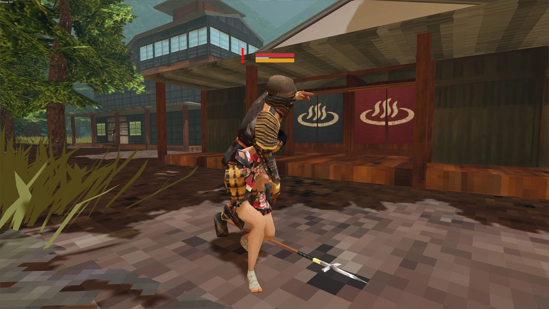 Ninja Game: Ninja carrying another in a stealthy move outside a traditional Japanese building.