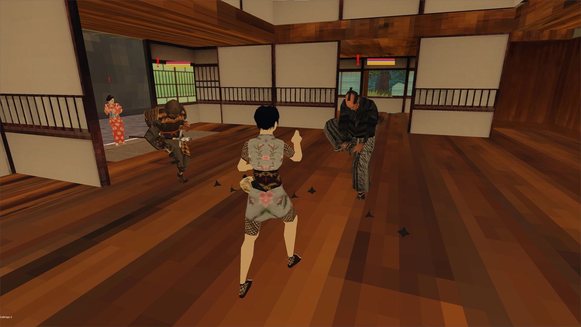 Ninja Game: Player confronts two armed ninjas indoors, with a woman in a kimono observing nearby.