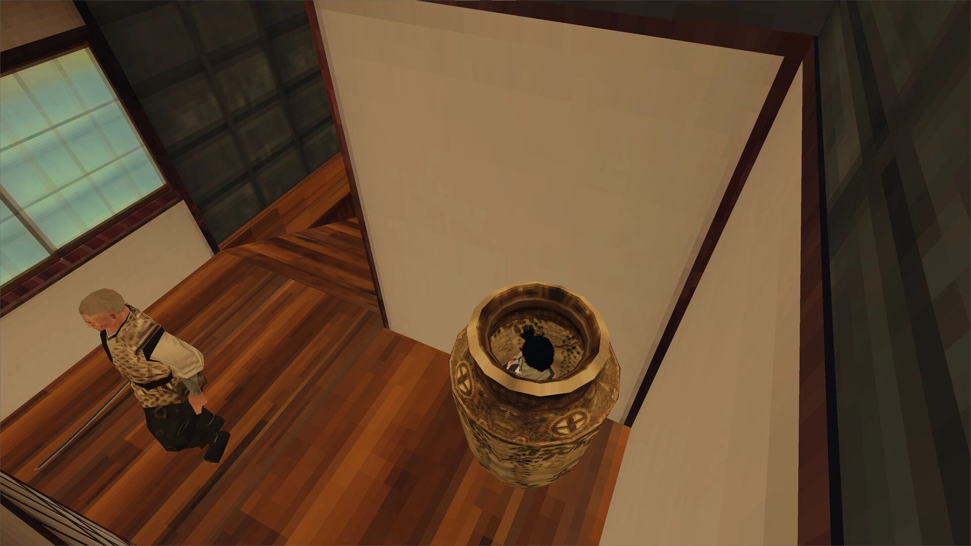 Ninja Game: Ninja hiding inside a large pot while a guard patrols a wooden-floored hallway nearby