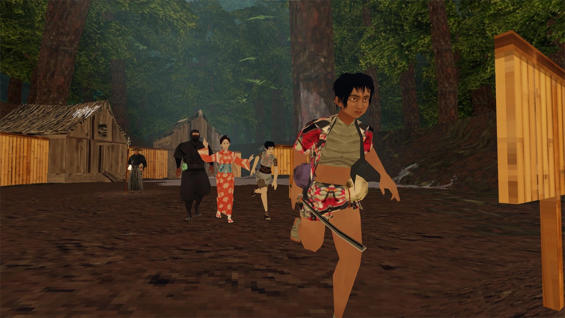 Ninja Game: Characters in traditional attire running through a forest village setting