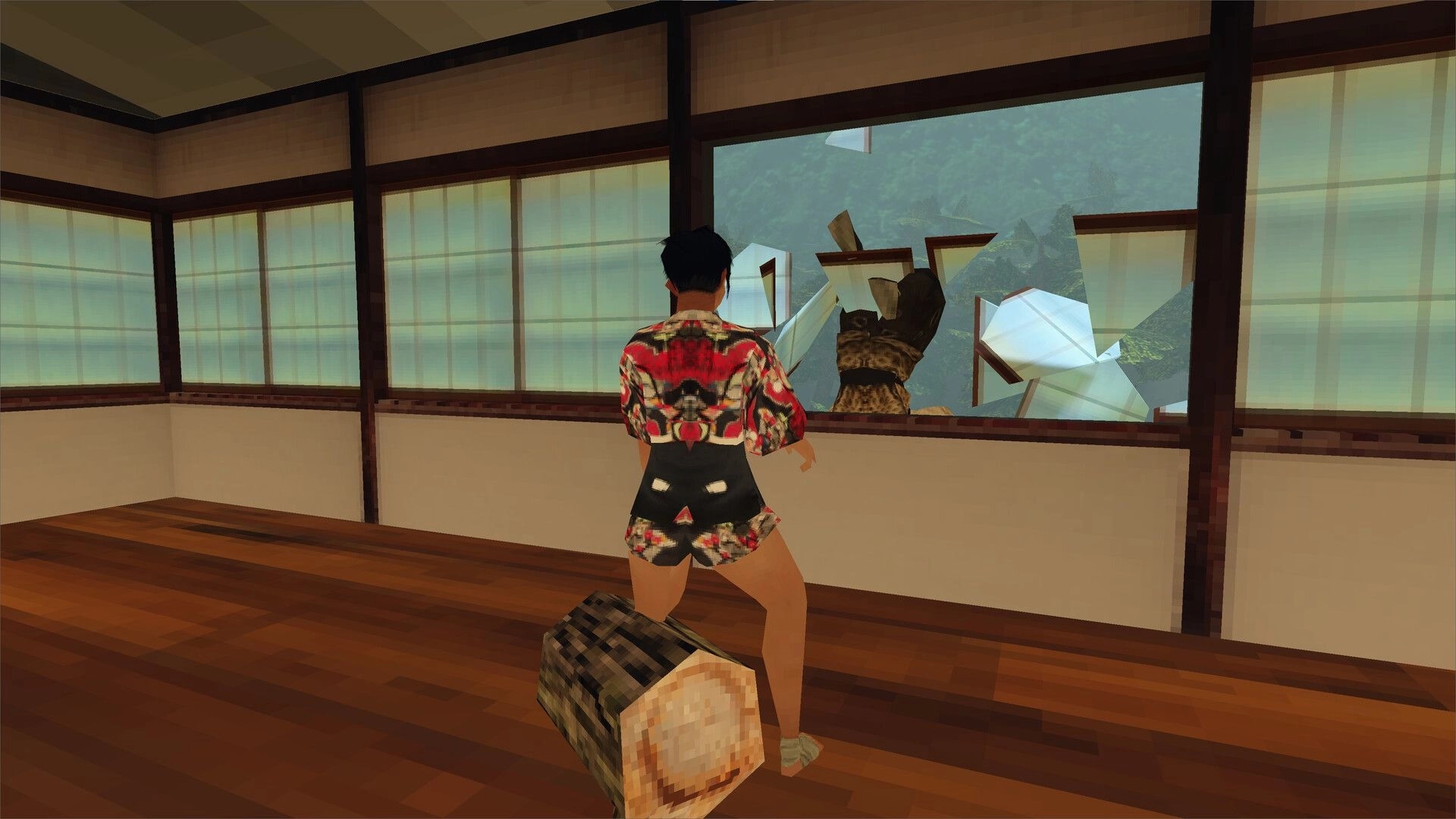 Ninja Game: Character in colorful robe facing broken window, wooden log on the floor in traditional room