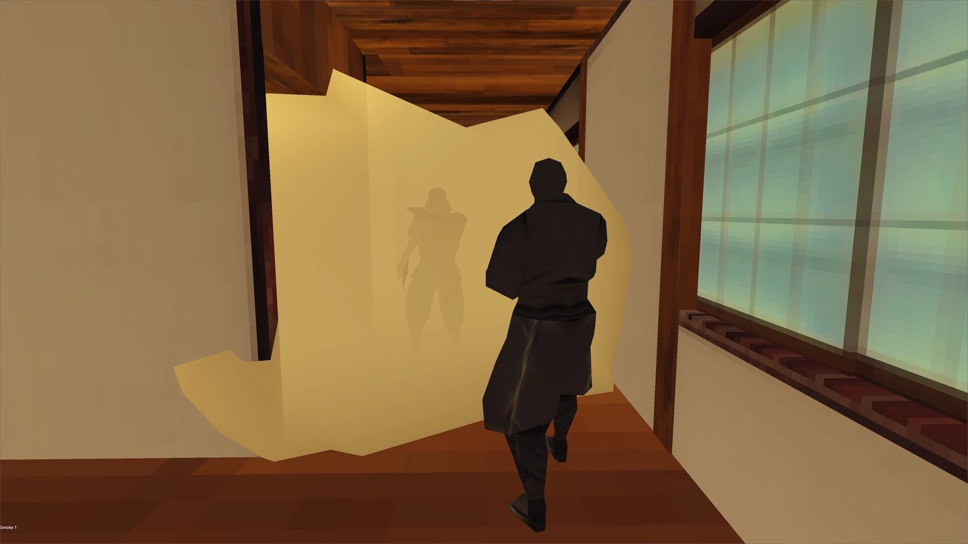 Ninja Game: Two ninjas in a hallway, one shrouded in smoke, within a traditional Japanese interior.
