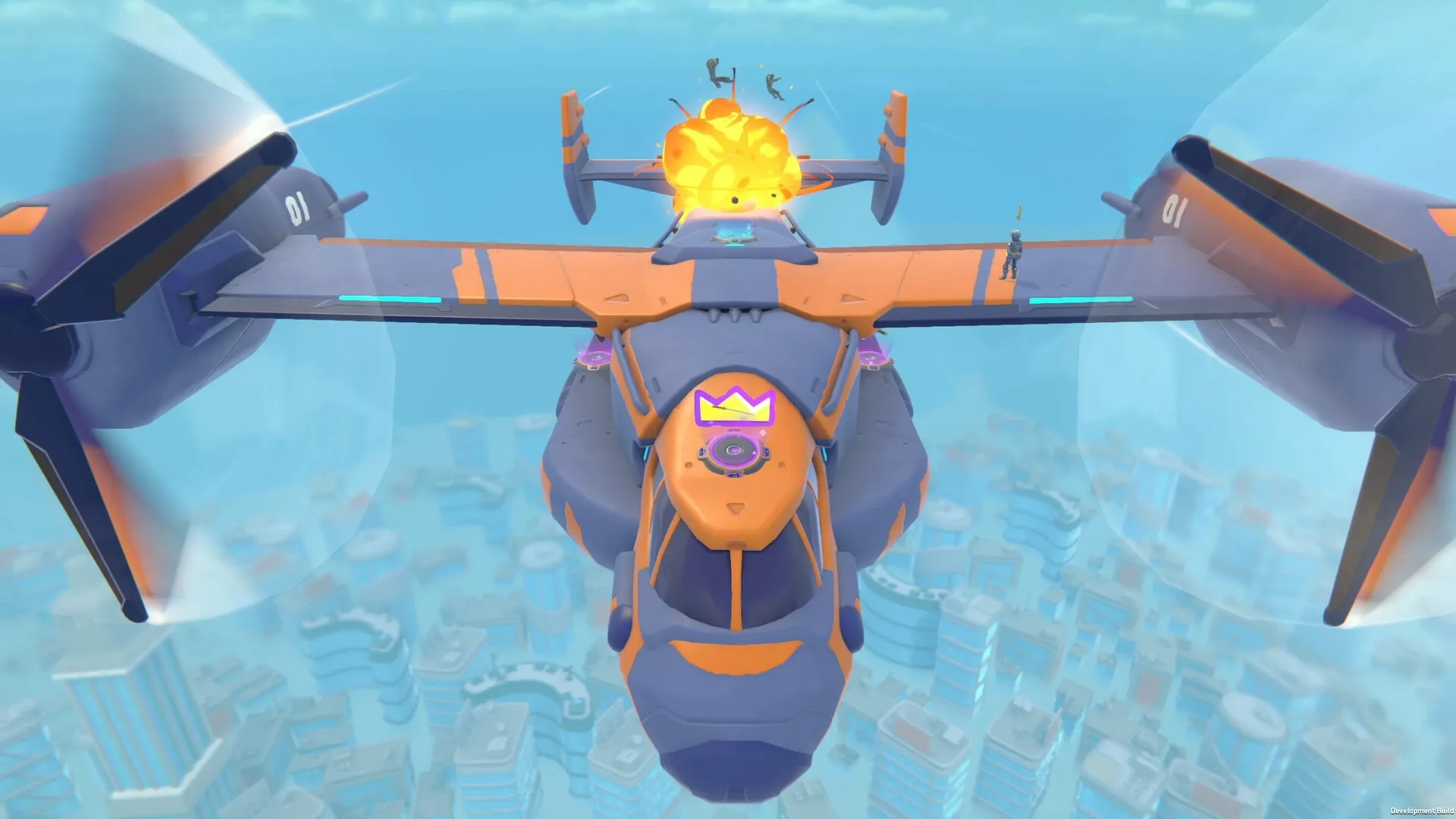 Ninja Party: Ninjas jump from a large aircraft over a cityscape with an explosion in the background.