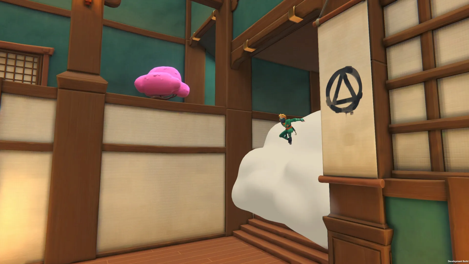 Ninja Party: Character jumping from white cloud towards pink cloud in wooden dojo environment