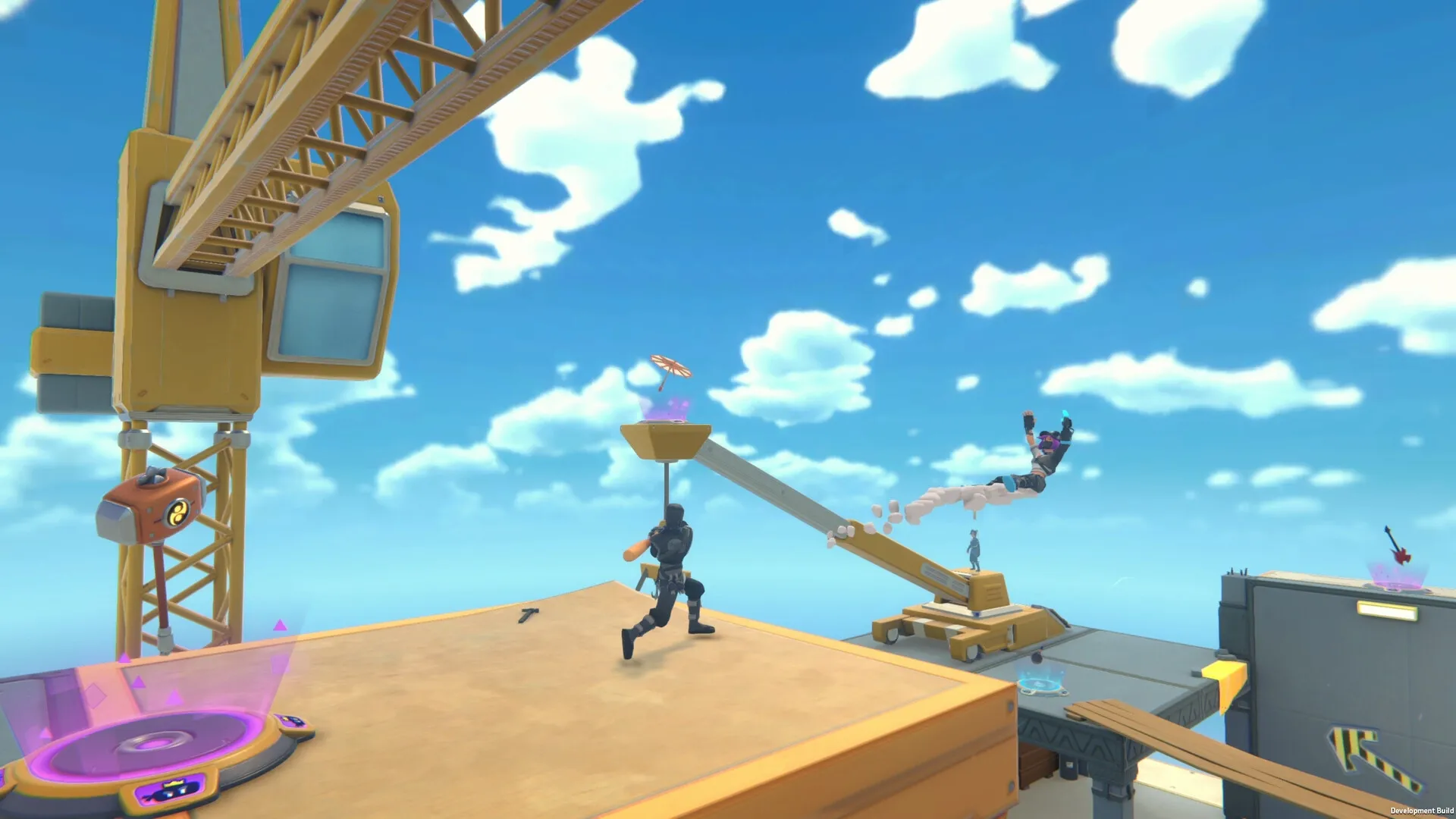 Ninja Party: Two ninjas performing parkour on a construction site with cranes and platforms under blue sky