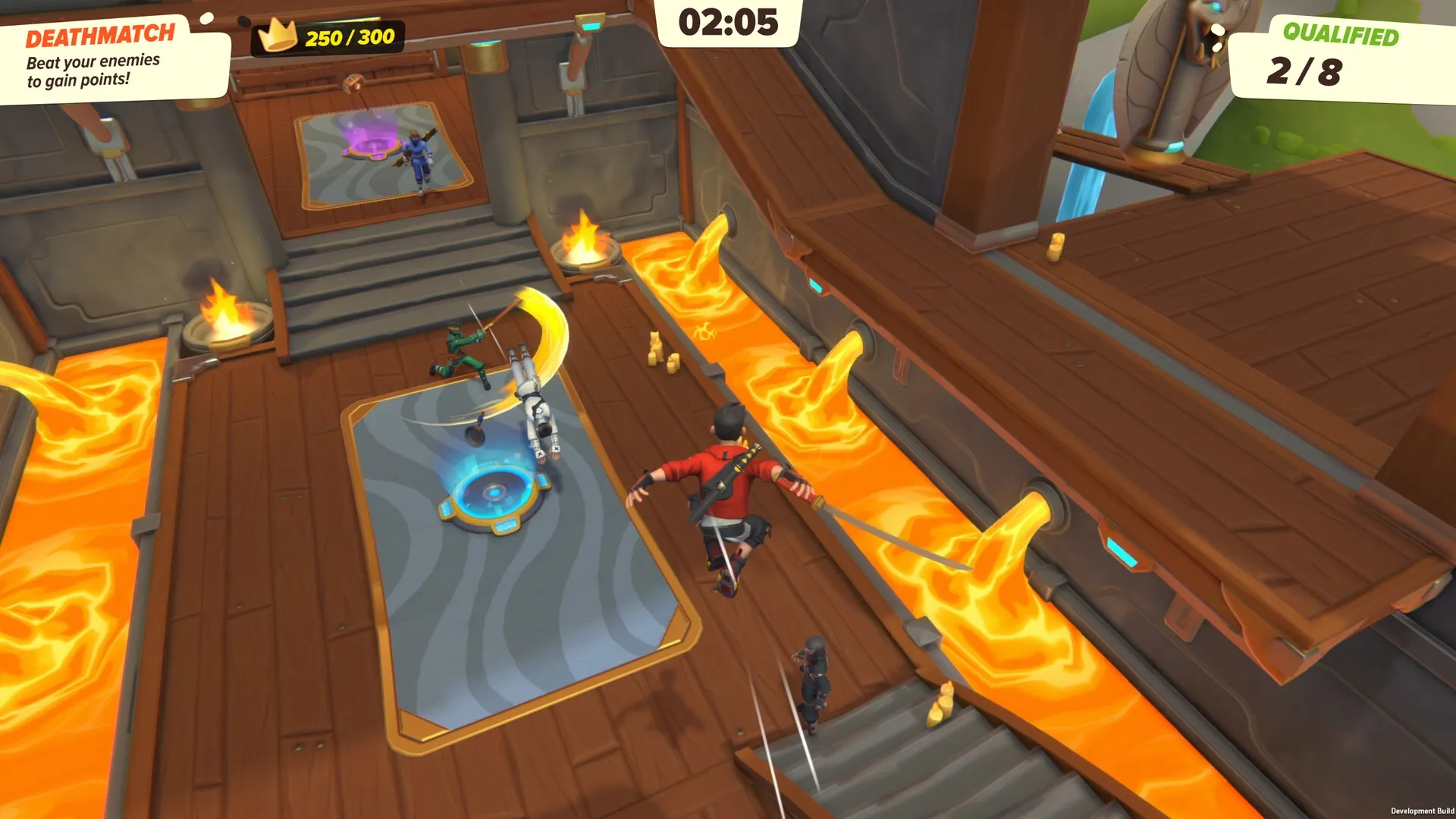 Ninja Party: Jumping across lava streams in a wooden arena during a high-intensity deathmatch challenge