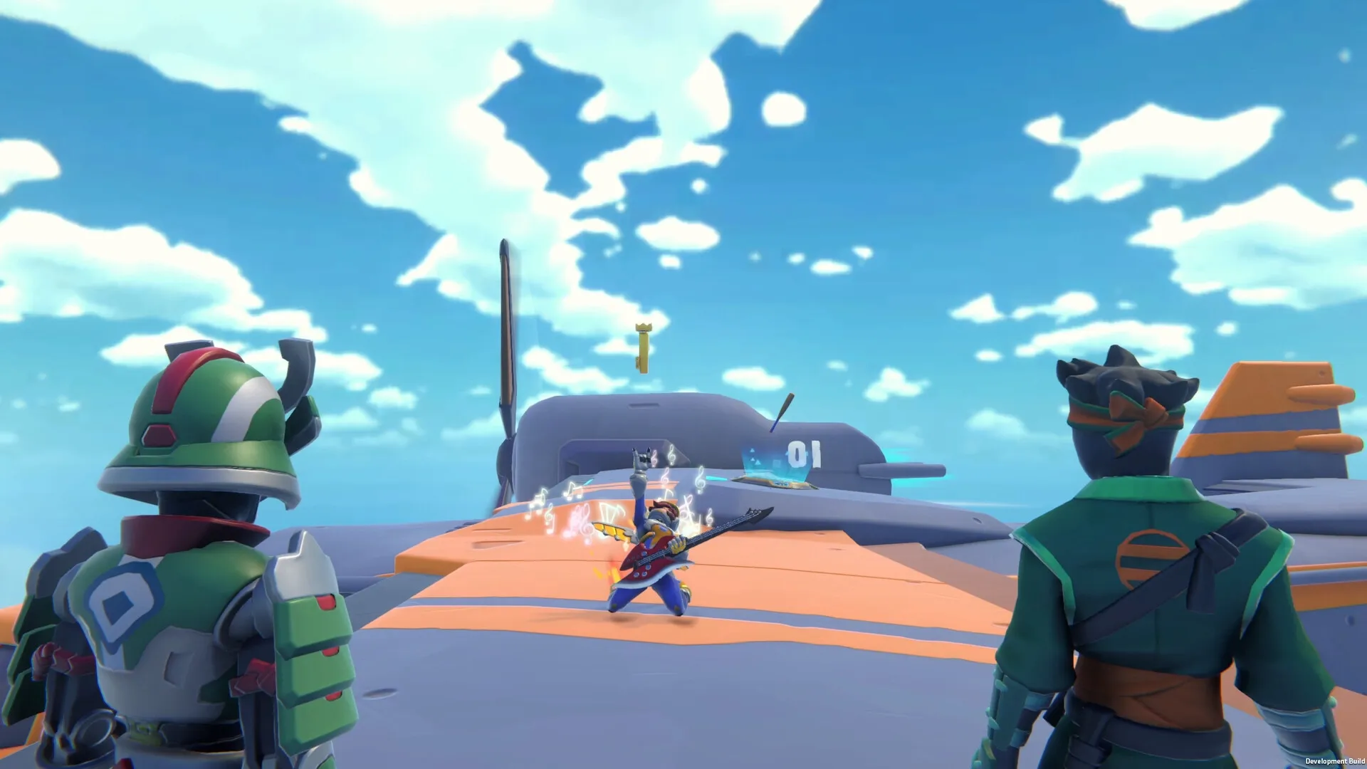 Ninja Party: Two ninjas watch as another plays guitar on a colorful aircraft carrier under clear skies