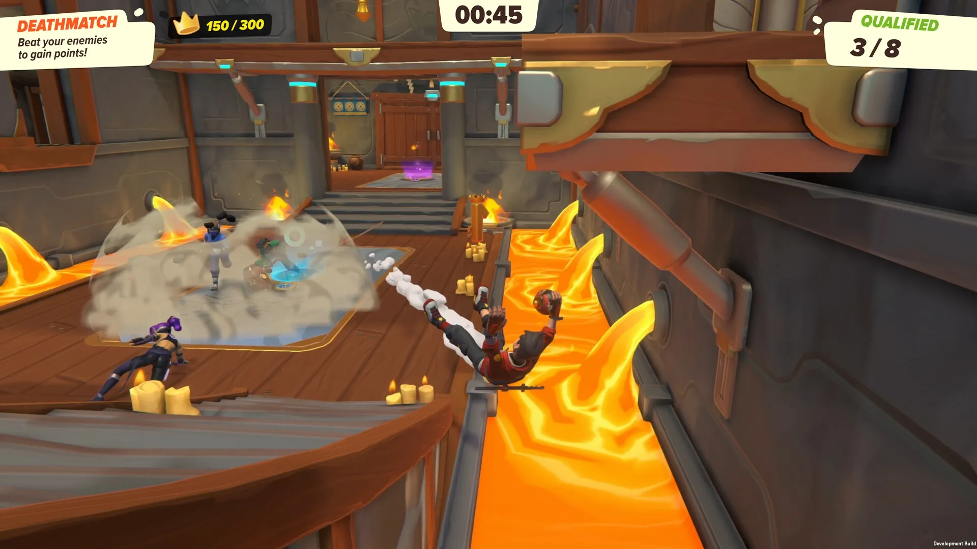 Ninja Party: Player swings over lava in a temple while others fight in a cloud of smoke below.