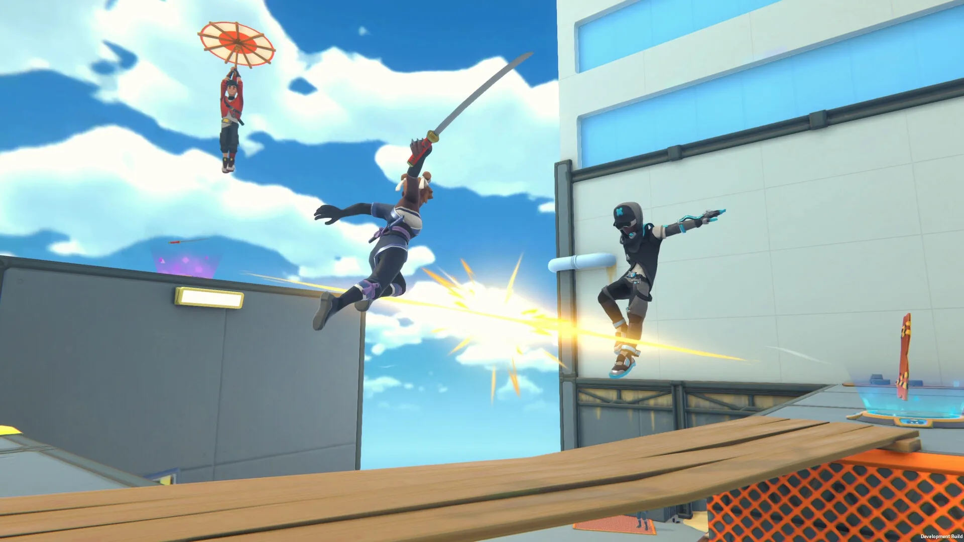 Ninja Party: Mid-air sword duel between two ninjas on rooftop with another gliding using an umbrella