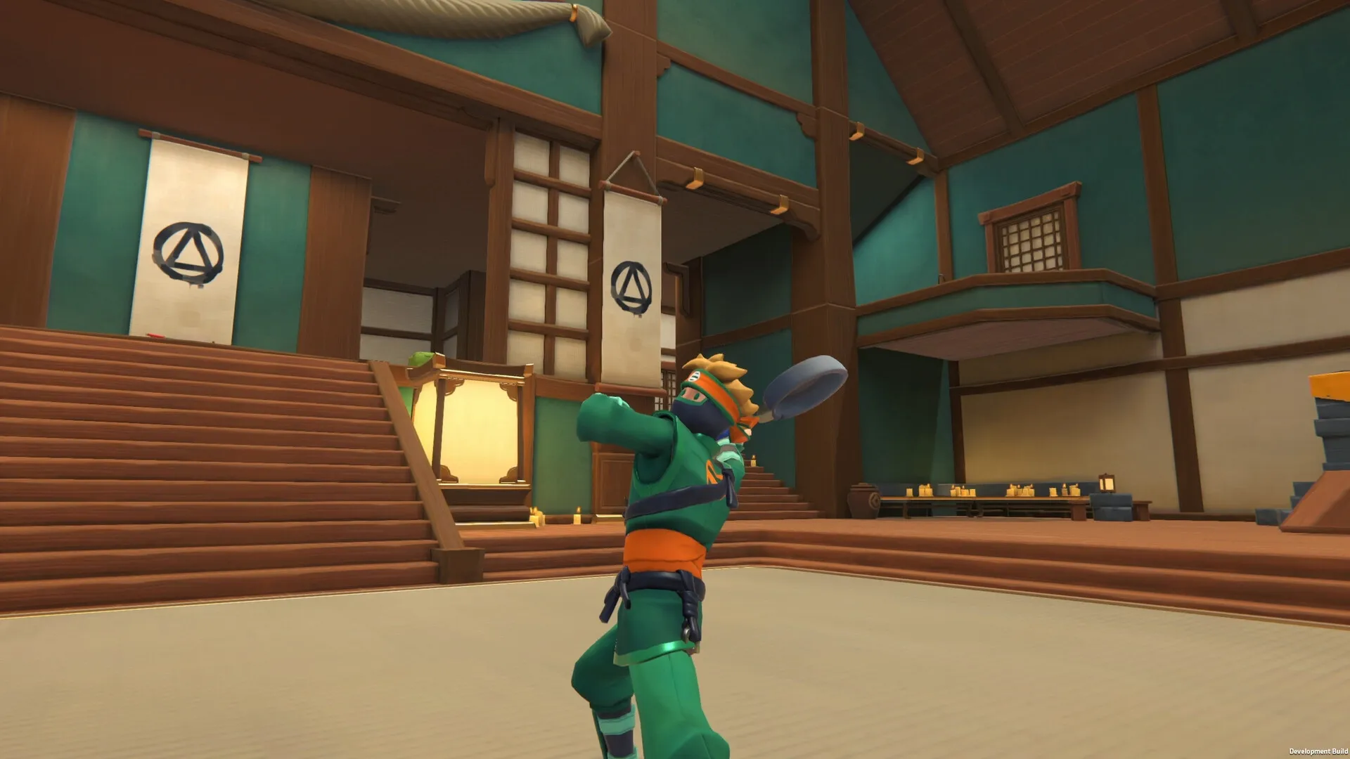 Ninja Party: Green-clad ninja character wielding a pan in a traditional dojo with wooden stairs and banners