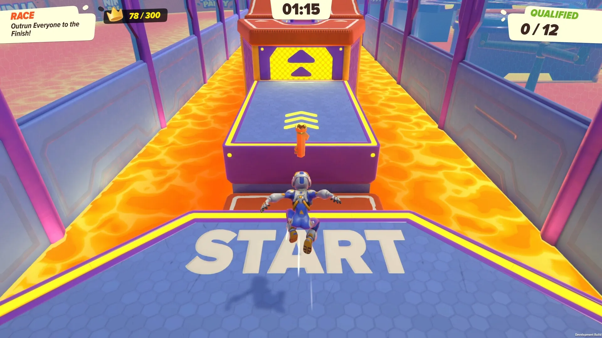 Ninja Party: Player jumps from start platform over lava in obstacle course with countdown timer visible