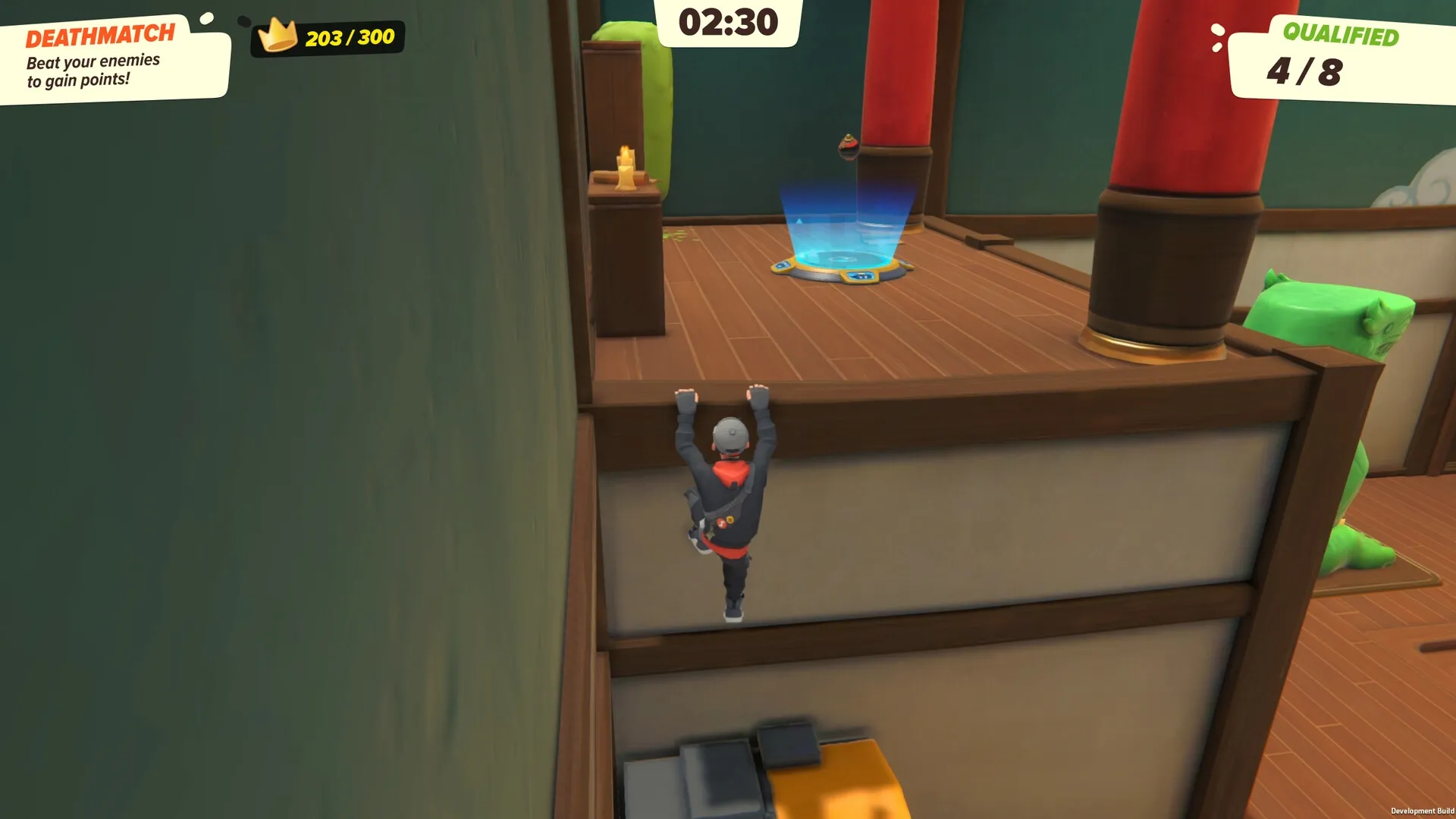 Ninja Party: Player climbing ledge in dojo arena during deathmatch with score and timer displayed