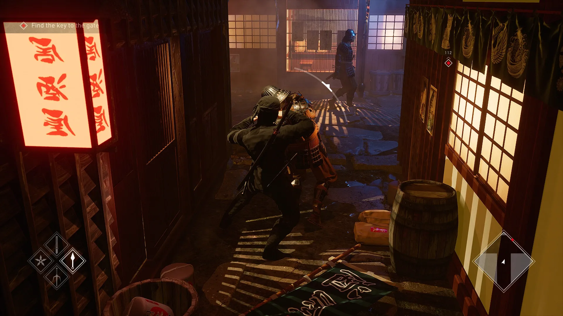 Ninja Simulator: Stealth takedown in dimly lit corridor with lanterns and enemy in traditional armor