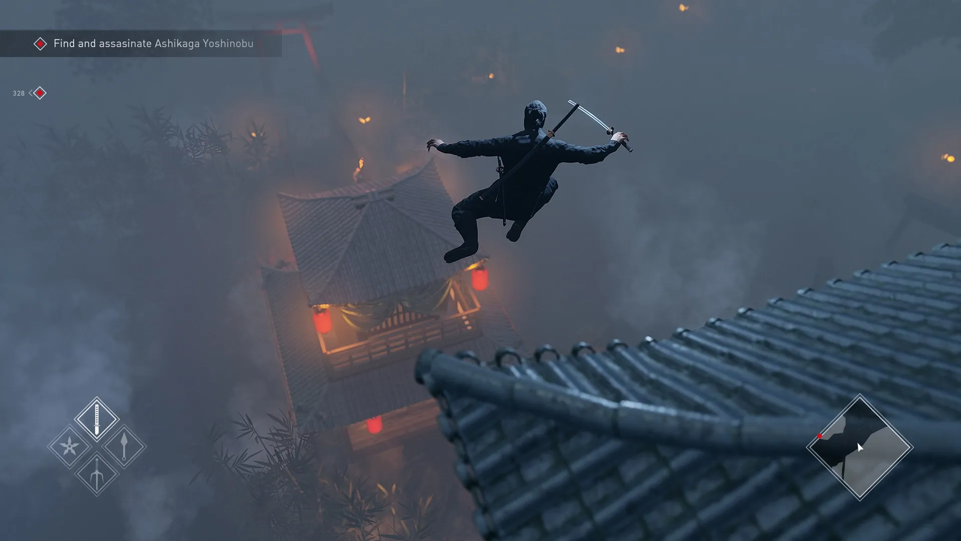 Ninja Simulator: Stealthy rooftop leap towards a foggy temple, mission to assassinate Ashikaga Yoshinobu