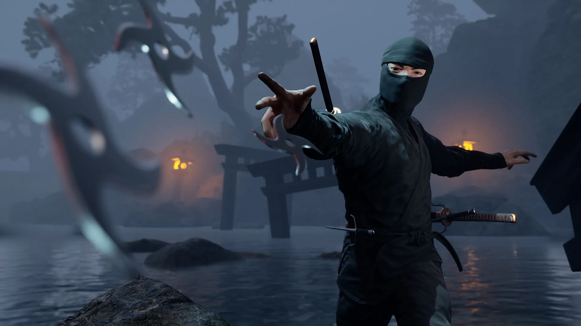 Ninja Simulator: Stealthy ninja throws shurikens in misty forest with torii gate and lanterns nearby