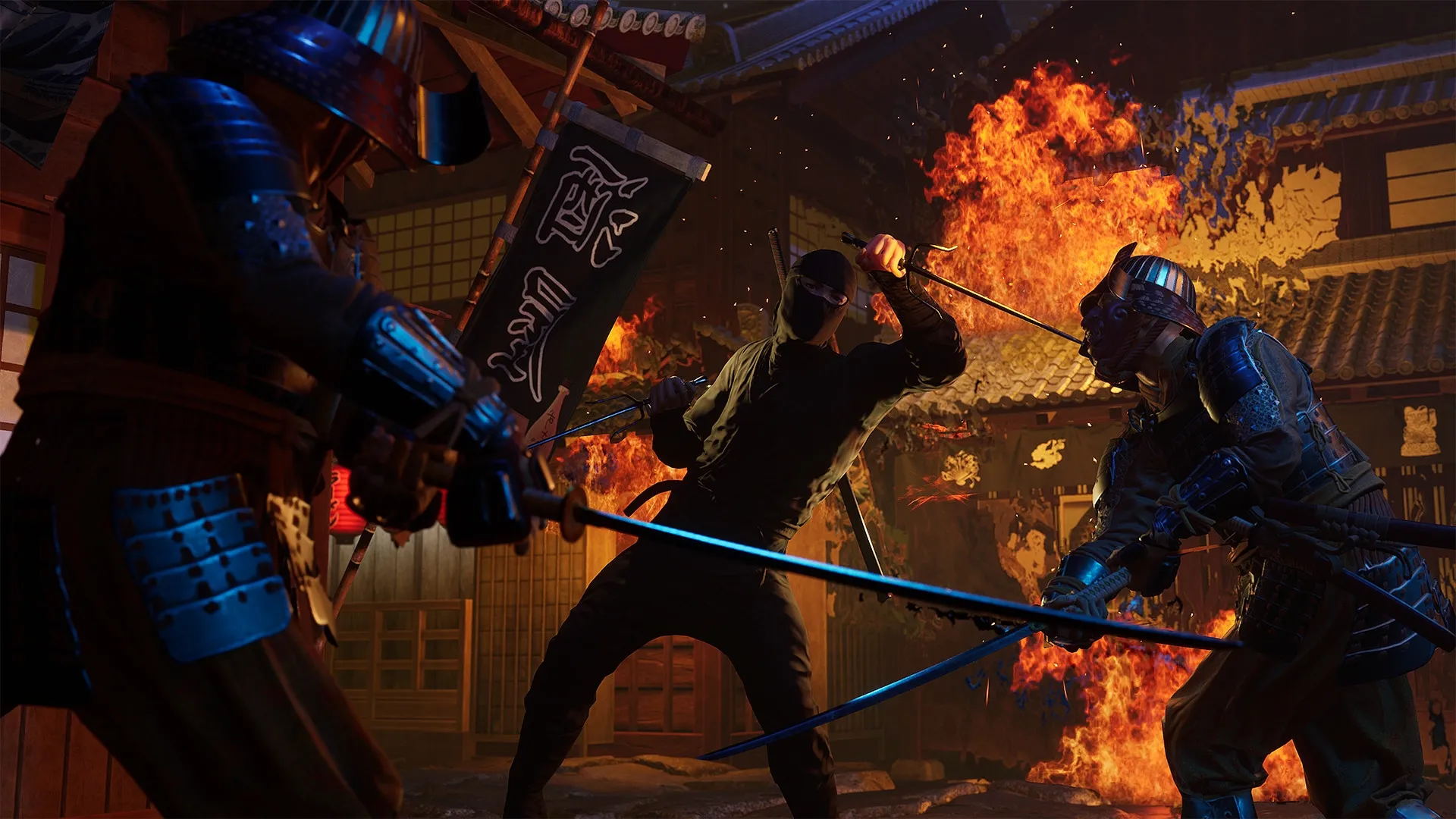 Ninja Simulator: Intense sword fight between a ninja and two samurai in a burning feudal Japanese village.