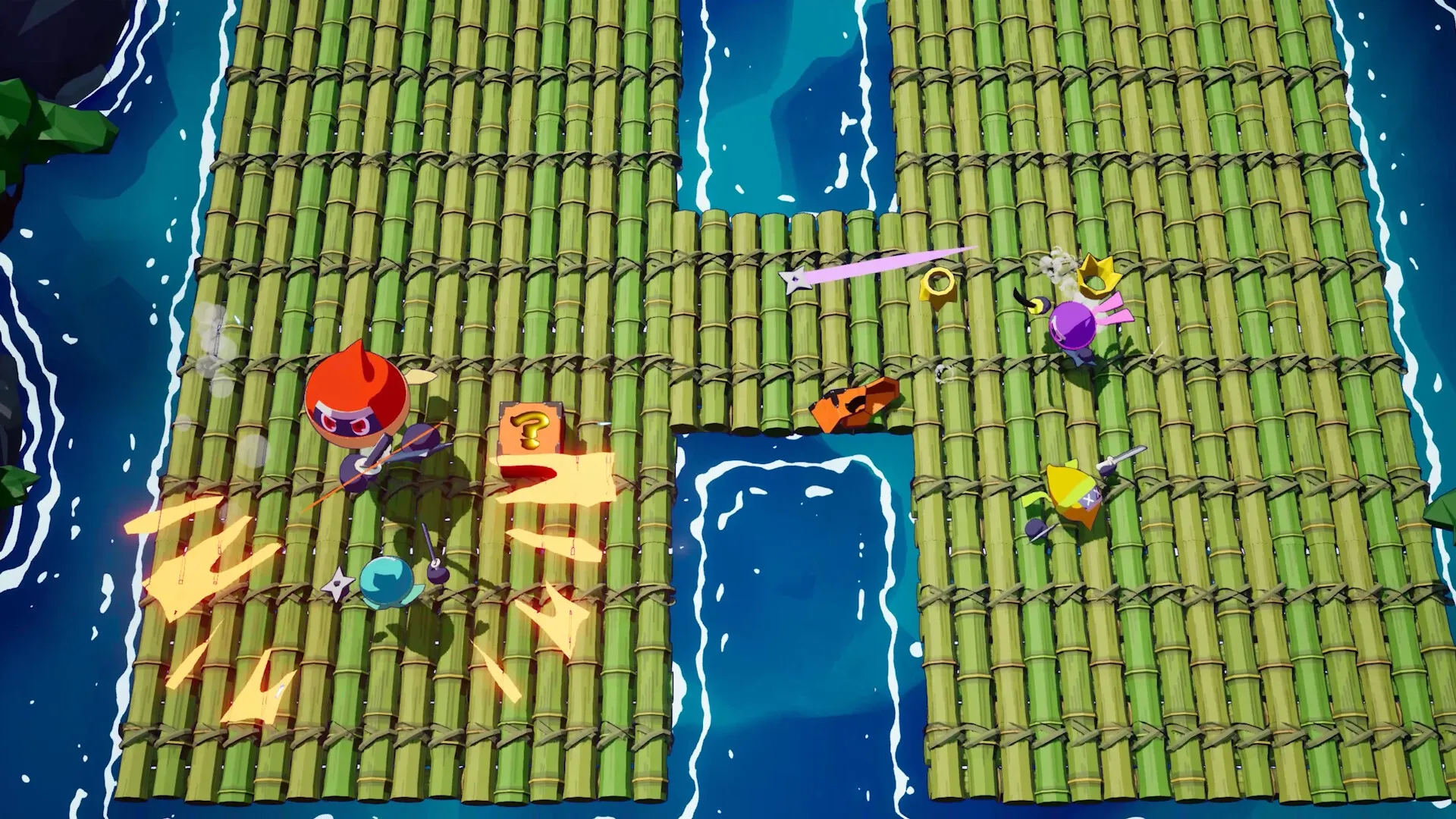 Ninjam!: Three characters in combat on bamboo rafts over water, shurikens and power-ups scattered around.