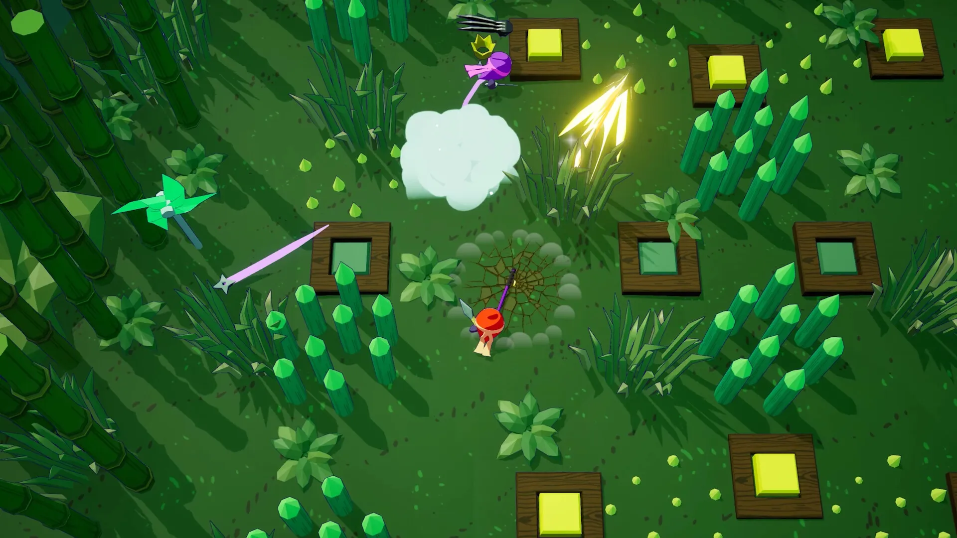 Ninjam!: Two ninjas in bamboo forest using ninjutsu with flying shurikens and traps in strategic combat