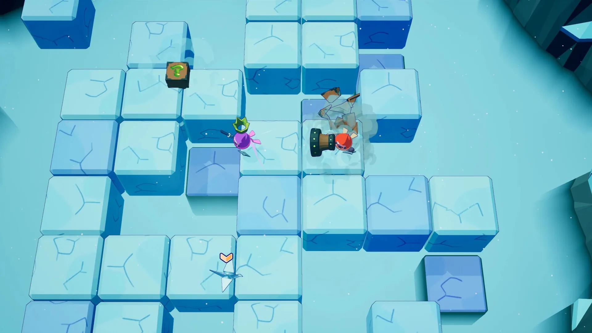 Ninjam!: Two ninjas battling on icy platforms; one wearing a crown, with a hammer nearby.