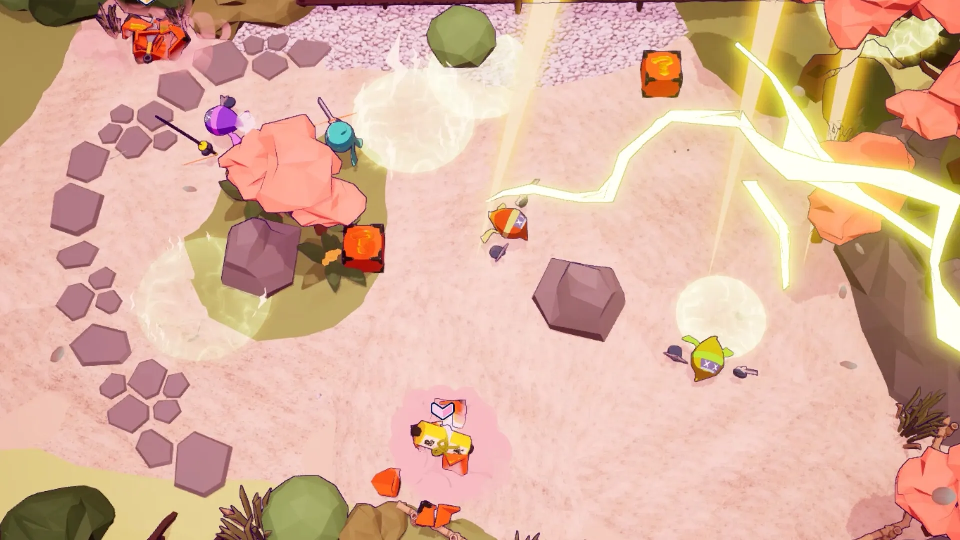Ninjam!: Top-down view of ninja combat in sandy area with lightning bolts and scattered obstacles.