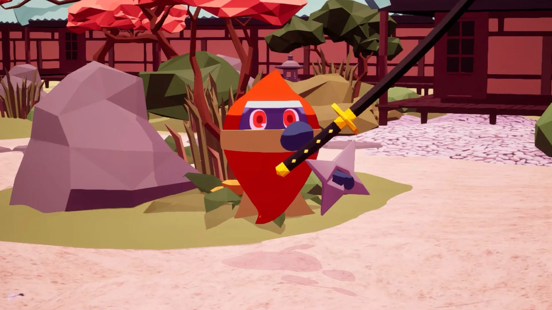 Ninjam!: Cartoon ninja with sword and shuriken in a stylized garden with red trees and stone path.