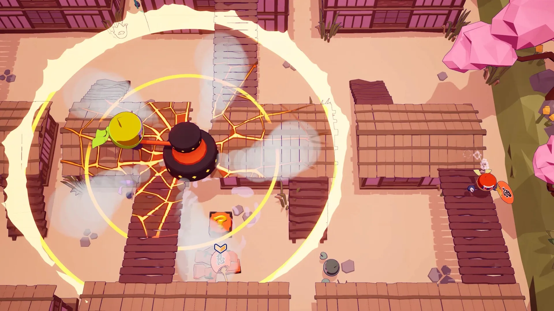 Ninjam!: Top-down view of ninja battle in village setting with spinning weapon and pink cherry trees