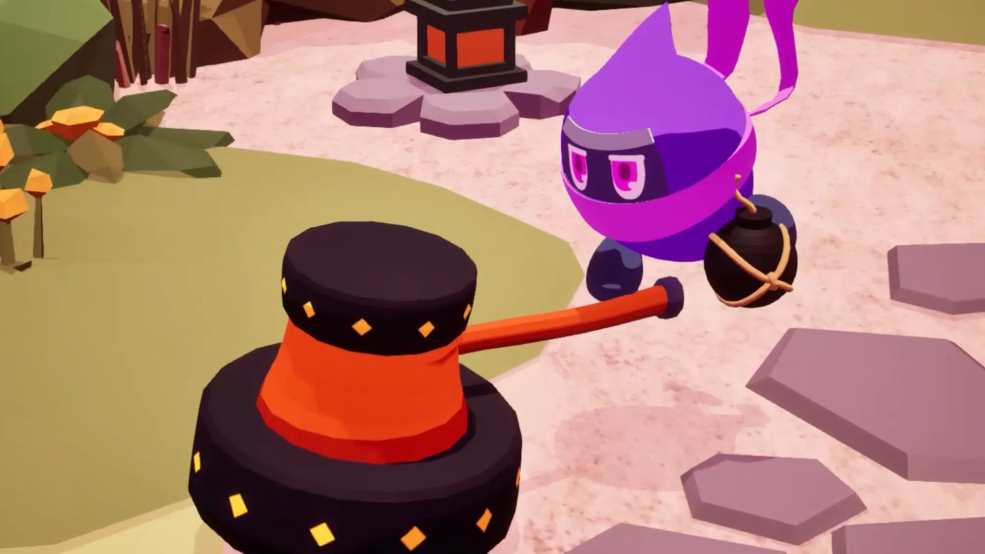 Ninjam!: Purple ninja character holding bomb and facing giant hammer in sandy garden setting