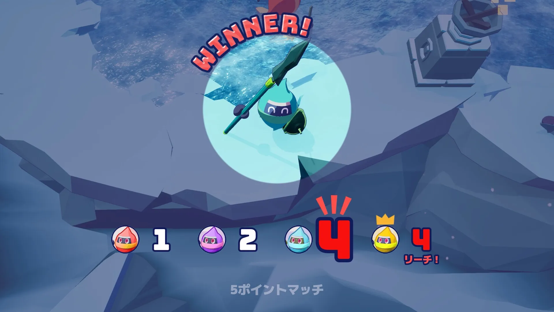 Ninjam!: Blue ninja wins with spear in icy arena, score displays red ninja leading with 4 points.