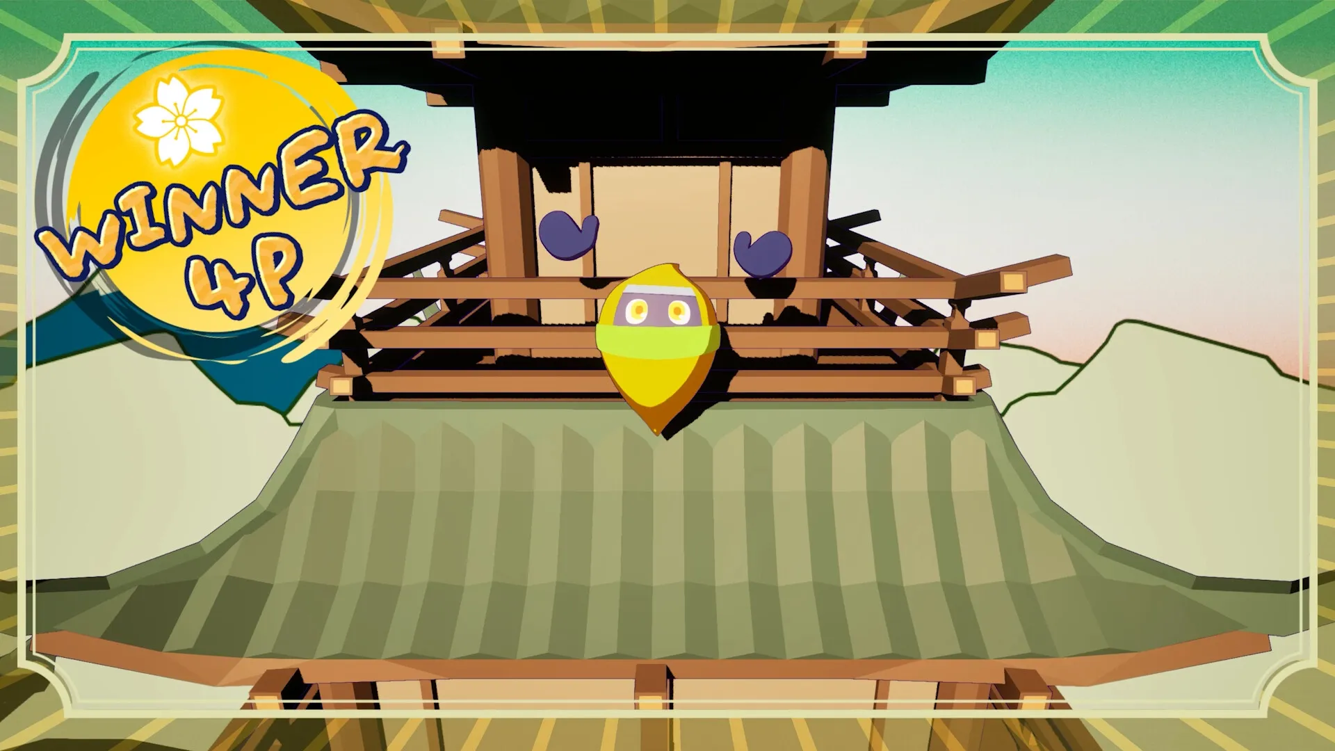 Ninjam!: Player character with yellow mask celebrates victory atop wooden pagoda with "Winner 4P" sign.