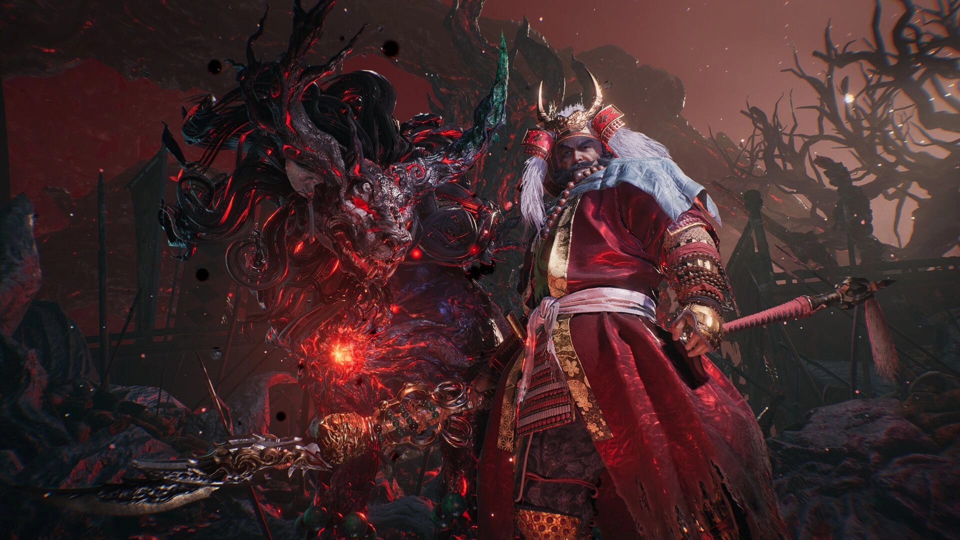 Nioh 3: Warrior in ornate armor stands beside a menacing yokai in a dark, twisted forest setting.
