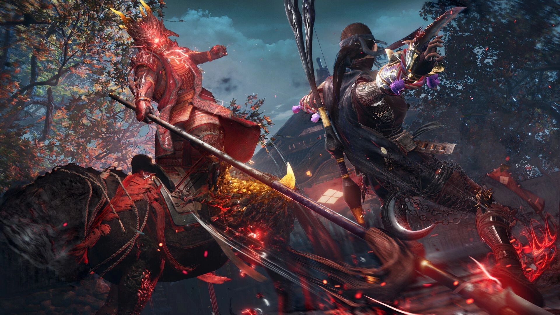 Nioh 3: Intense samurai and yokai battle in a forest setting with vibrant autumn leaves.